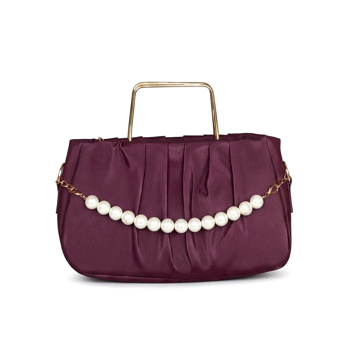 "Elegant Pleated Maroon Satin Handbag with Pearl Handle – Gold Accent Clutch"